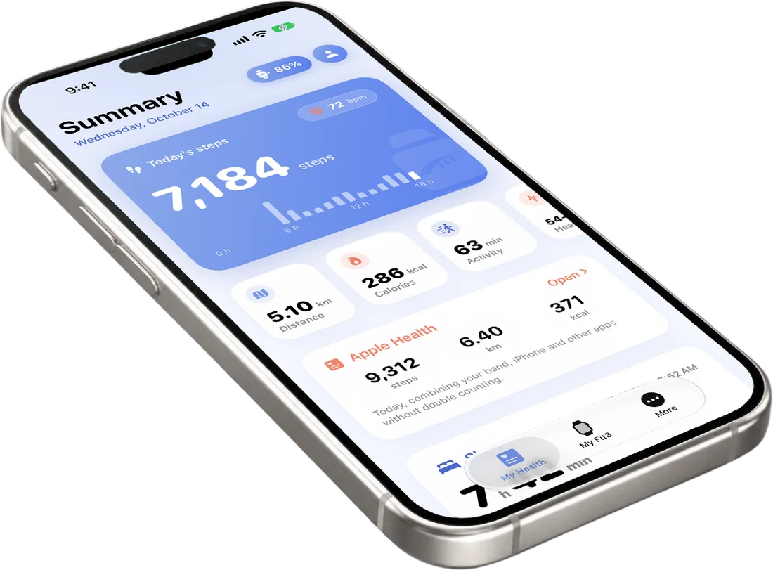 Fit3 Bridge summary with steps, calories and Apple Health
