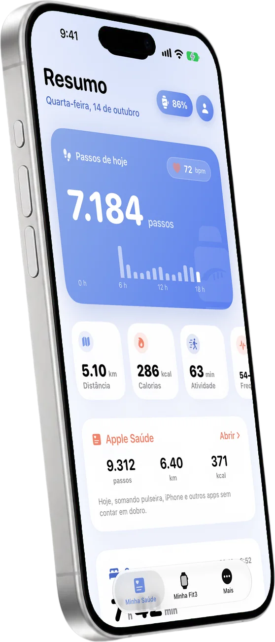 Galaxy Fit3 ao lado de um iPhone com o Fit3 Bridge mostrando 7.184 passos